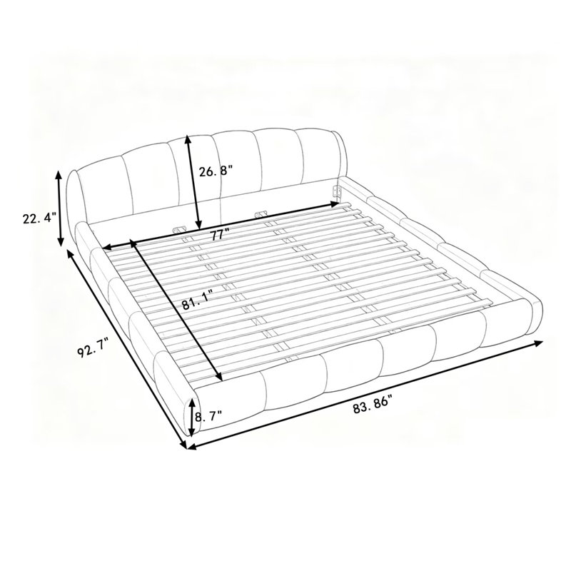Très grande base de lit tapissier très grande taille en chenille, tête de lit épaisse courbée et pied de lit enveloppé, lit de plancher à profil bas, aucun sommier requis, assemblage facile