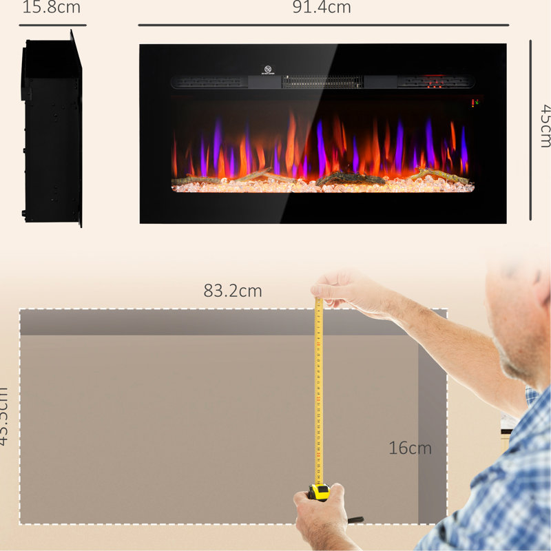 Foyer électrique 1500 W de 1500 W - encastré et mural, minuterie 8H, luminosité de flamme réglable, cristal de bûche, acier noir, chaleur sécuritaire 1500 W, télécommande, couleur silencieuse