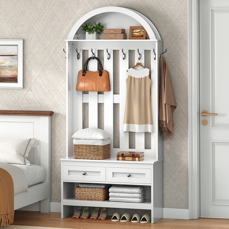 Portemanteau avec banc, portemanteau et porte-chaussures, organisateur de vestibule arqué avec 8 crochets, portemanteau avec banc à chaussures et 2 tiroirs pour le couloir