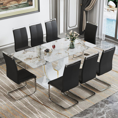 Ensemble de table de salle à manger 71 ", ensemble de table de salle à manger moderne avec base en U doré et chaises en similicuir