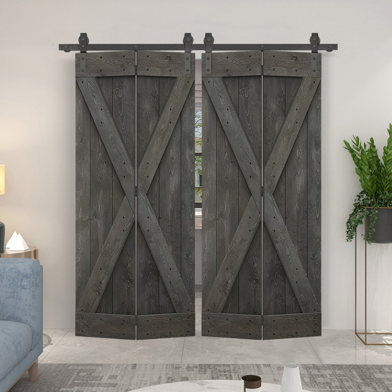 Porte de grange pliante pré-assemblée en bois avec quincaillerie coulissante, 48 po x 84 po, Gris carbone
