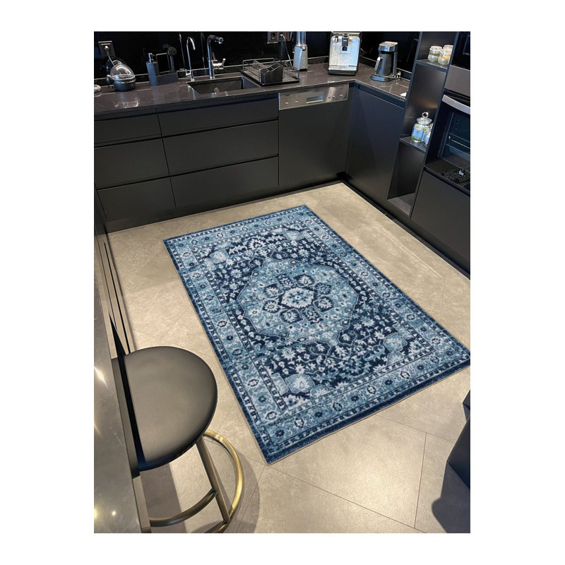 Tapis bleu lavable décoratif à motif traditionnel, Sous-tapis carré 3 pi 3 po inclus