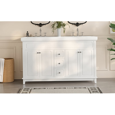 [Video] 60" Bathroom Vanity With Resin Double Sinks, 3 Drawers & 4 Doors(2 With Double-Layer Shelves), Solid Wood Legs, All Soft-Close, White