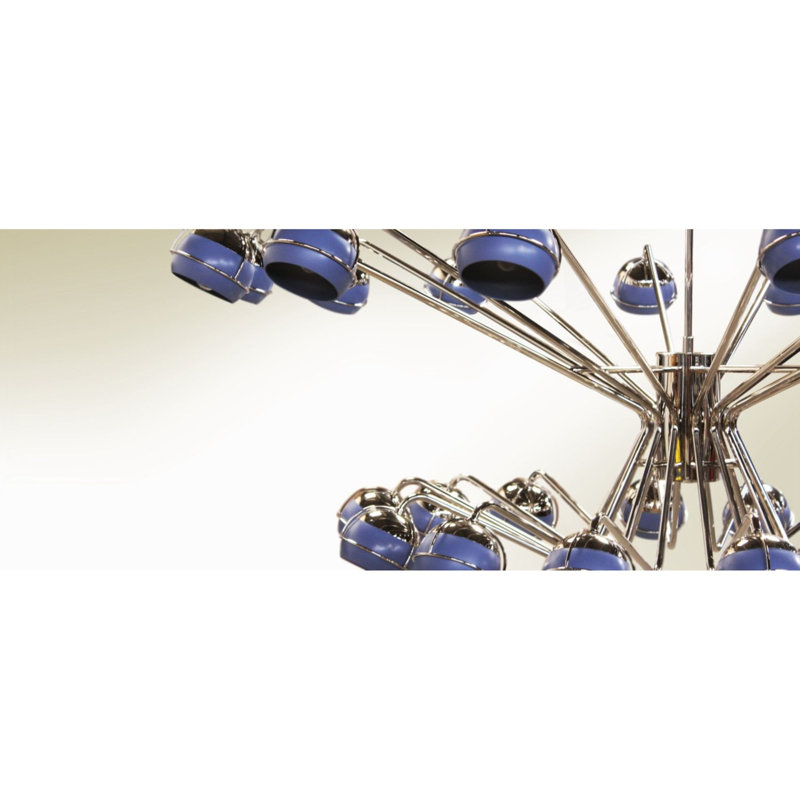 Lustre suspendu 14 lumières à intensité variable, Bleu, 82" Diameter x 27" Height, Nickel poli