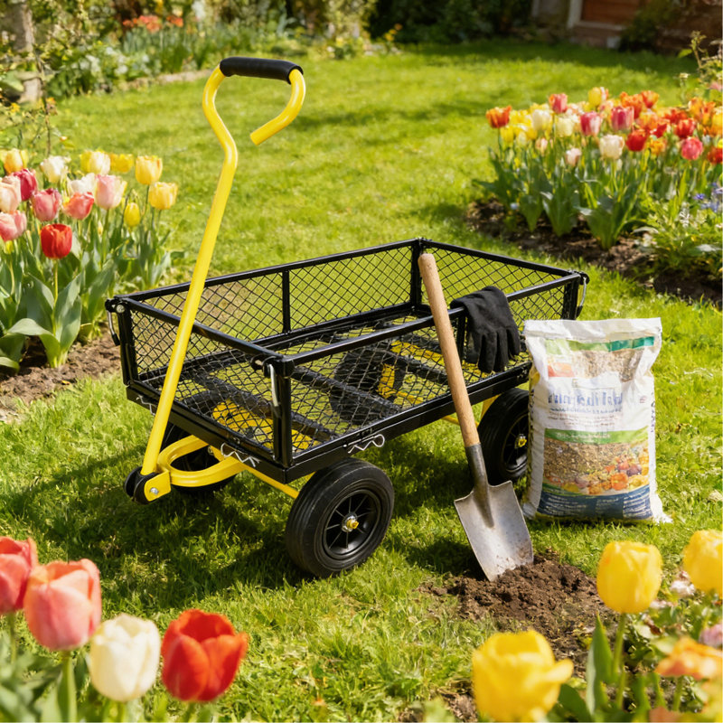 Chariot utilitaire de jardin robuste à roues pleines, plateau pour le transport du bois de chauffage, noir et jaune