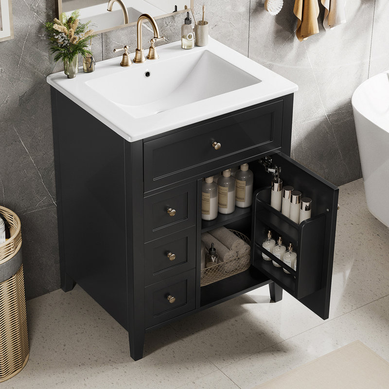 Meuble-lavabo fonctionnel avec lavabo, tiroirs multiples et tablettes réglables, fabrication durable pour le rangement organisé de la salle de bain