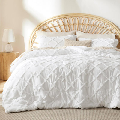 Ensemble d'édredon pour lit simple Boho - ensemble de literie capitonné blanc, ensemble de lit à broderie Shabby Chic 2 pièces, édredon moelleux à motif géométrique pour toutes les saisons