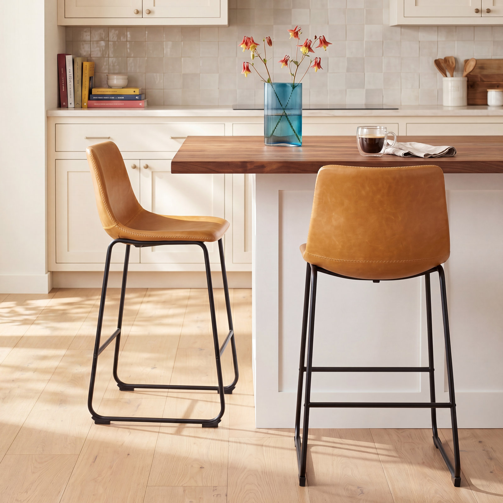 Nia Bar Stool, Counter Stool (24" Seat Height), Light Brown, Black