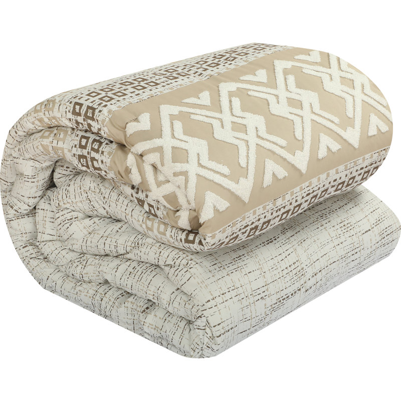 Ivory and Taupe Geometric Queen Comforter Set with Decorative Pillows