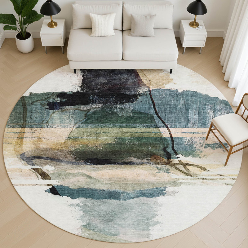 Premium Machine Washable Mayfield Abstract Rug, Green, 8' Round