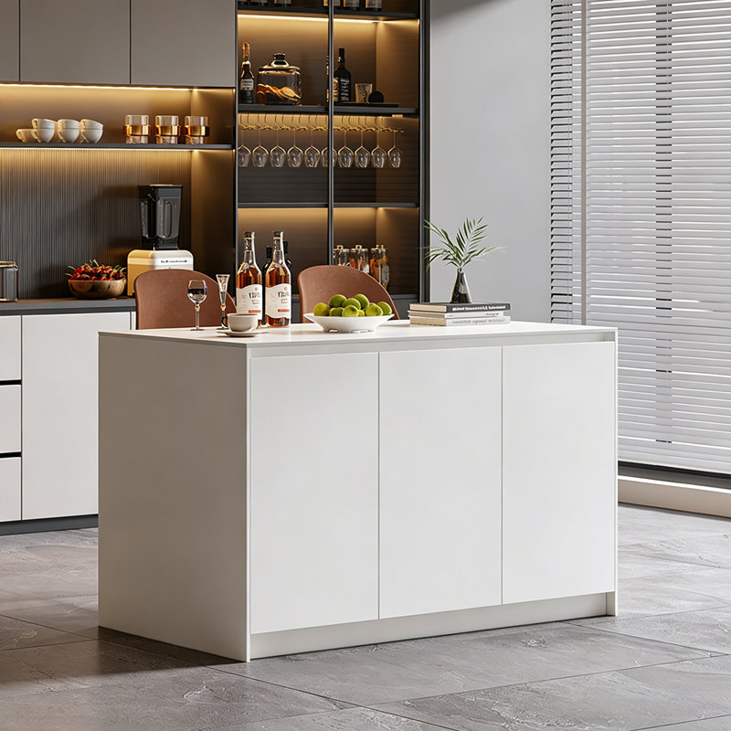 Îlot de cuisine moderne avec plateau en pierre frittée, grande armoire multifonctionnelle pour îlot de rangement, table de cuisine contemporaine avec armoires et étagères pour un usage domestique