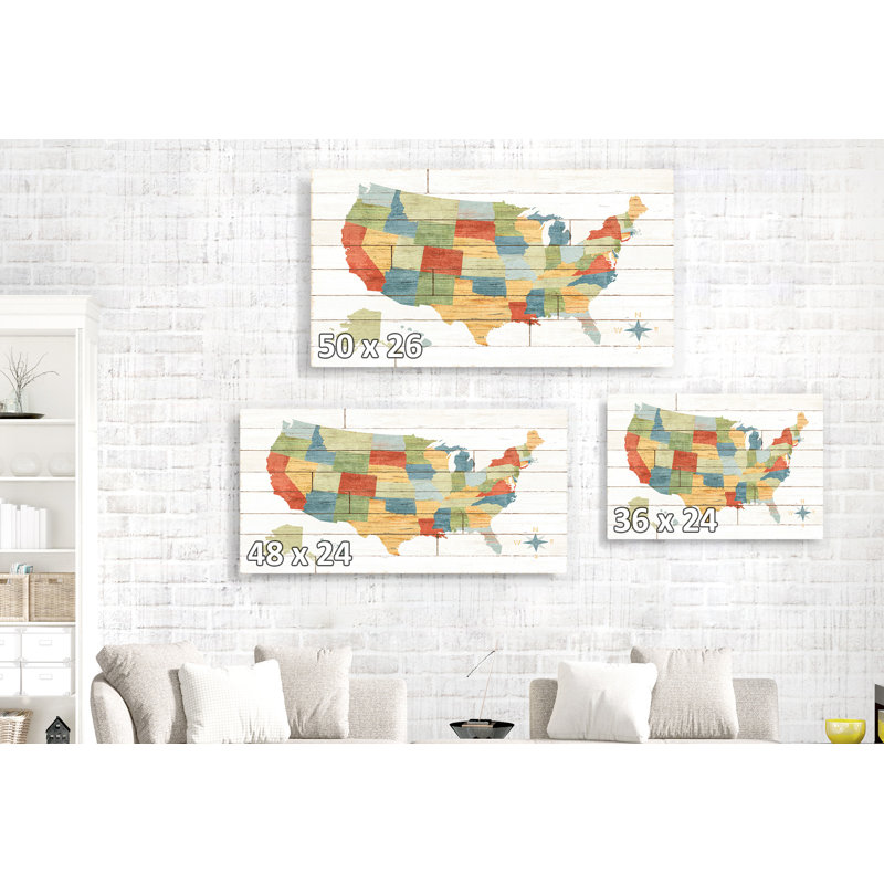 map U.S. Map On Barn Board, United States, Colorful States, Compass, Red, Yellow, Green, Teal, On White, Cream