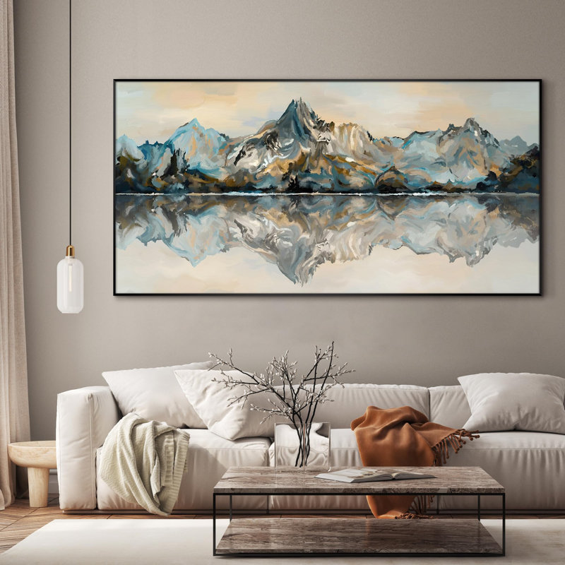 Extra Large Wall Art Fabric Print - Mountain Reflection in Water Tranquil Landscape Artwork Decor for Living Room or Bedroom - "Frame Assembly Required (Unfinished Frame)"