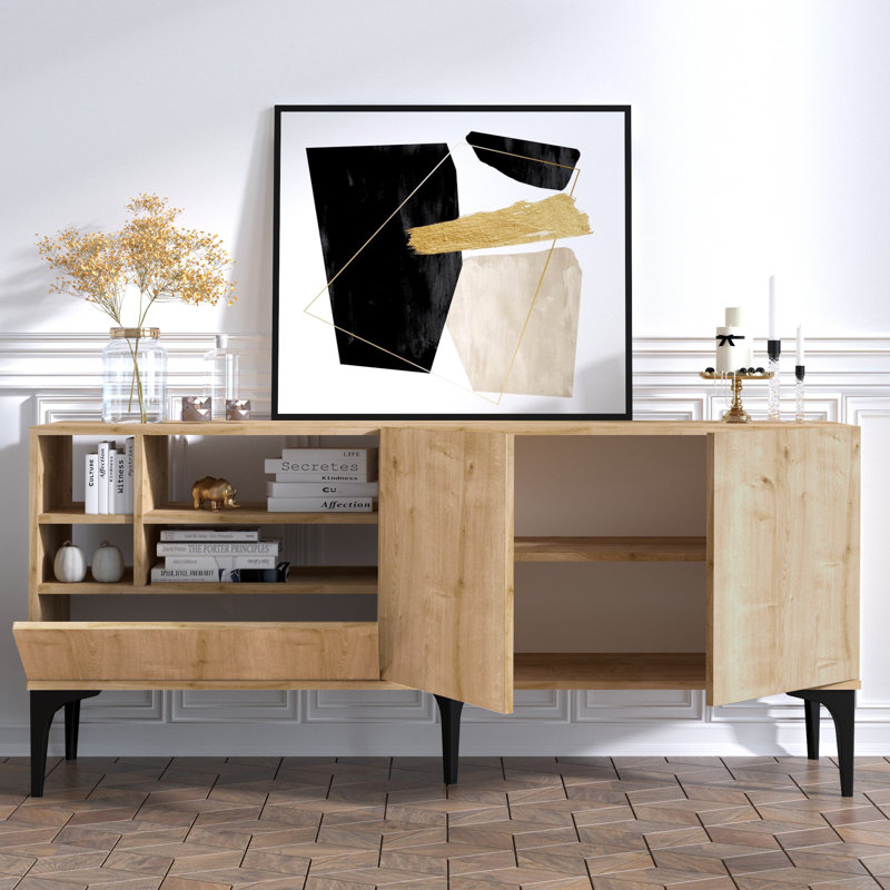 Meuble télé élégant en chêne avec plusieurs tablettes de 70,9 po x 15,7 po x 15,7 po | 100% panneau de particules enduit de mélamine, épaisseur: 0,7 pouce | Conception murale moderne et industrielle, parfaite pour les salons et les espaces de diver