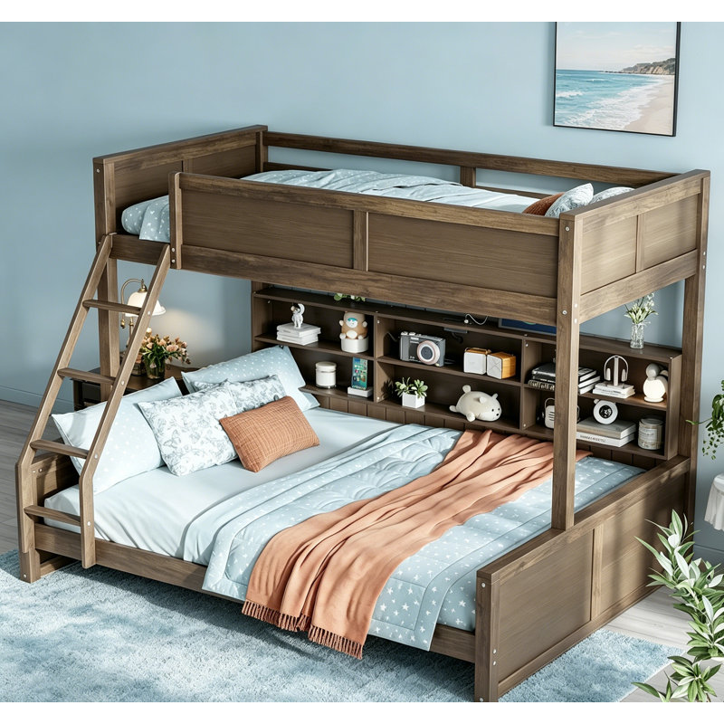 Lit superposé simple au-dessus de grand lit simple avec rangement, ports USB et structure en bois de pin robuste pour des solutions peu encombrantes