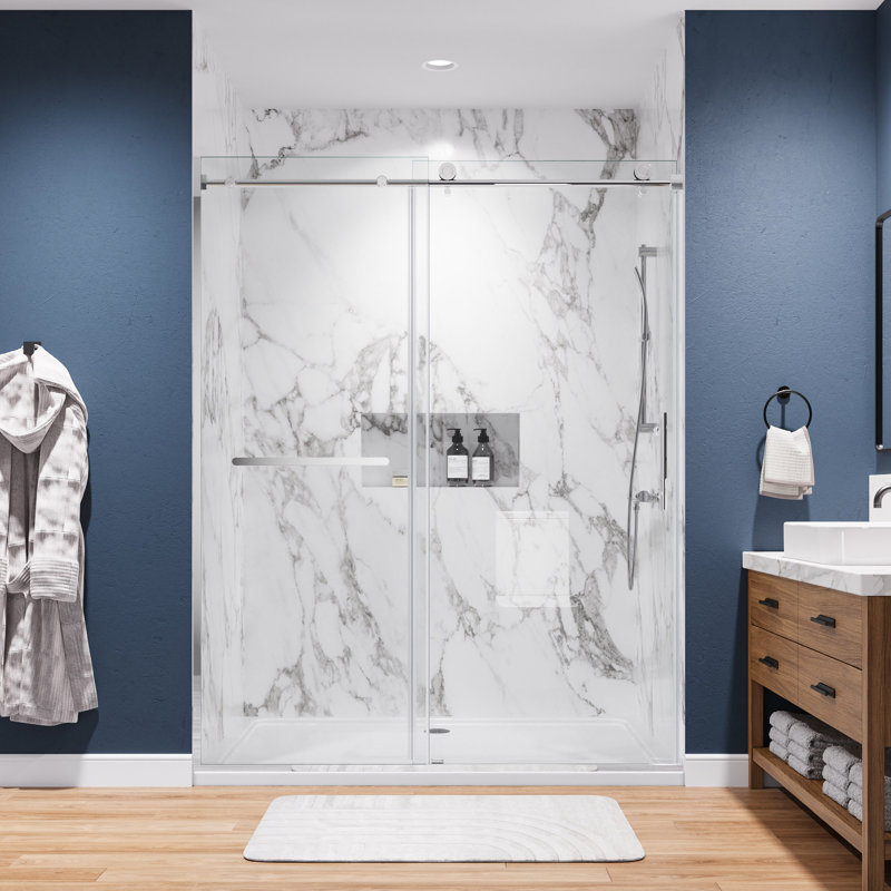 56"-60" W x 75" H Single Sliding Semi-Frame Shower Door with 5/16" Tempered Glass, Stainless Steel Accessories