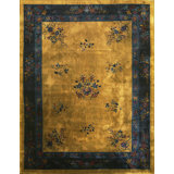 Antique Art Deco Chinese Floral Blue, Yellow / Gold / Orange 1920s Rug