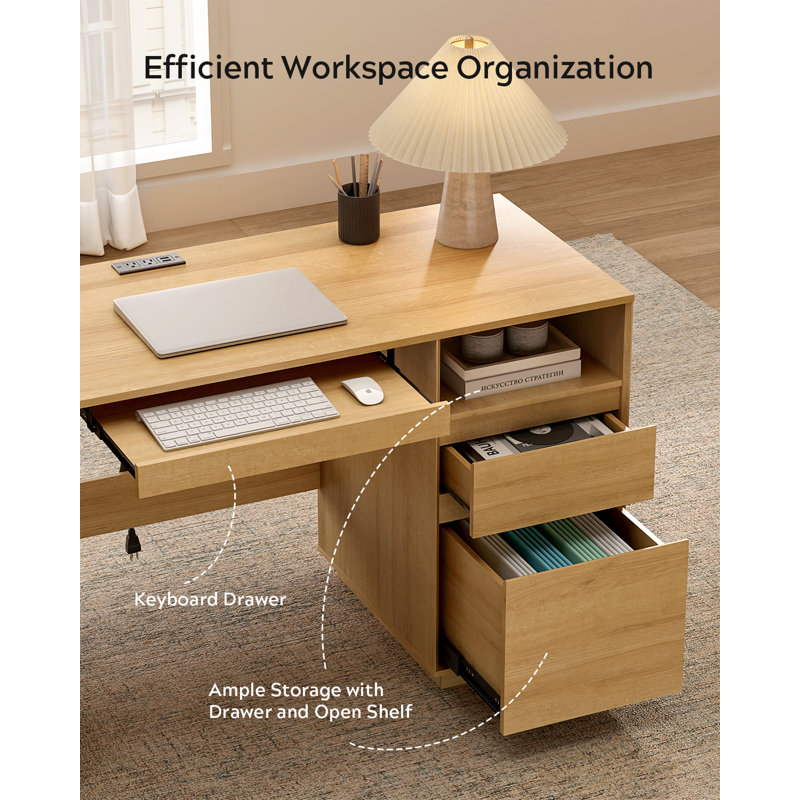 59" Farmhouse Computer Executive Desk With File Drawer, Oak