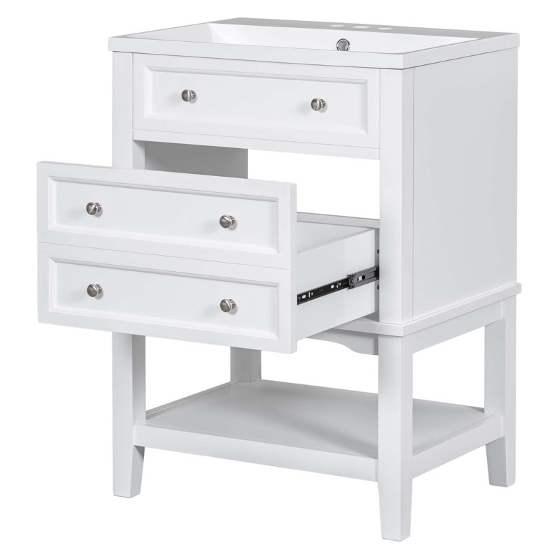 Meuble-lavabo 24 po avec lavabo, armoire de rangement avec tiroir et tablette ouverte, structure en bois massif