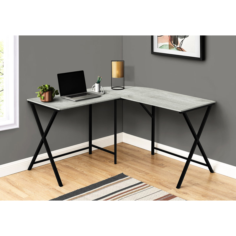 Bureau d'ordinateur en forme de L pour la maison, l 55 po, stratifié gris et métal noir, table au design moderne, bureau à domicile robuste