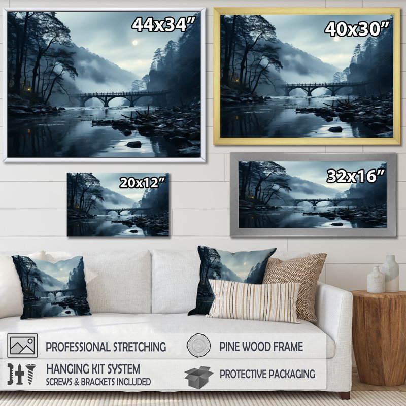 Blue Bridge In Silence II - Architecture Wall Art Living Room, Encadrement doré, H 34 po x l 44 po x P 1,5 po