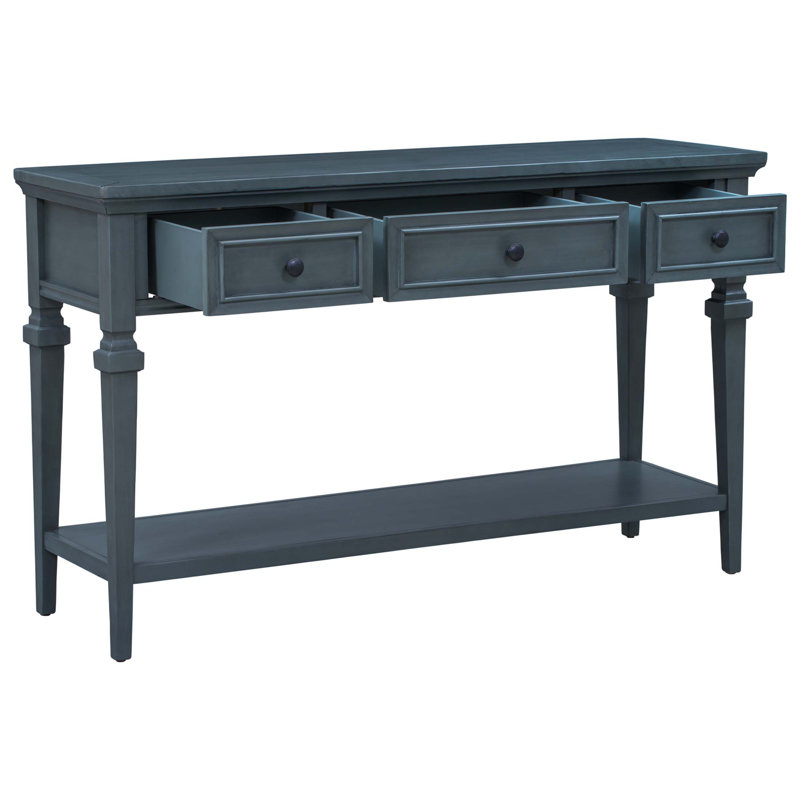 Console de style classique avec trois tiroirs supérieurs et une tablette inférieure ouverte, assemblage facile, bois de pin massif et panneau de fibres à densité moyenne
