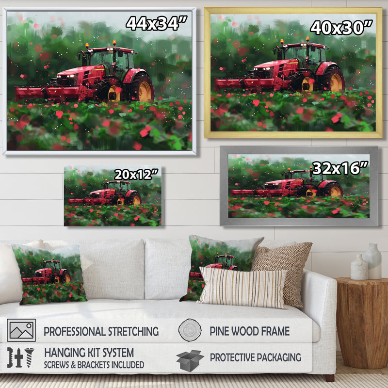 Été, champ de tracteur - décoration murale de ferme, H 12 po x l 20 po, Cadre simple noir