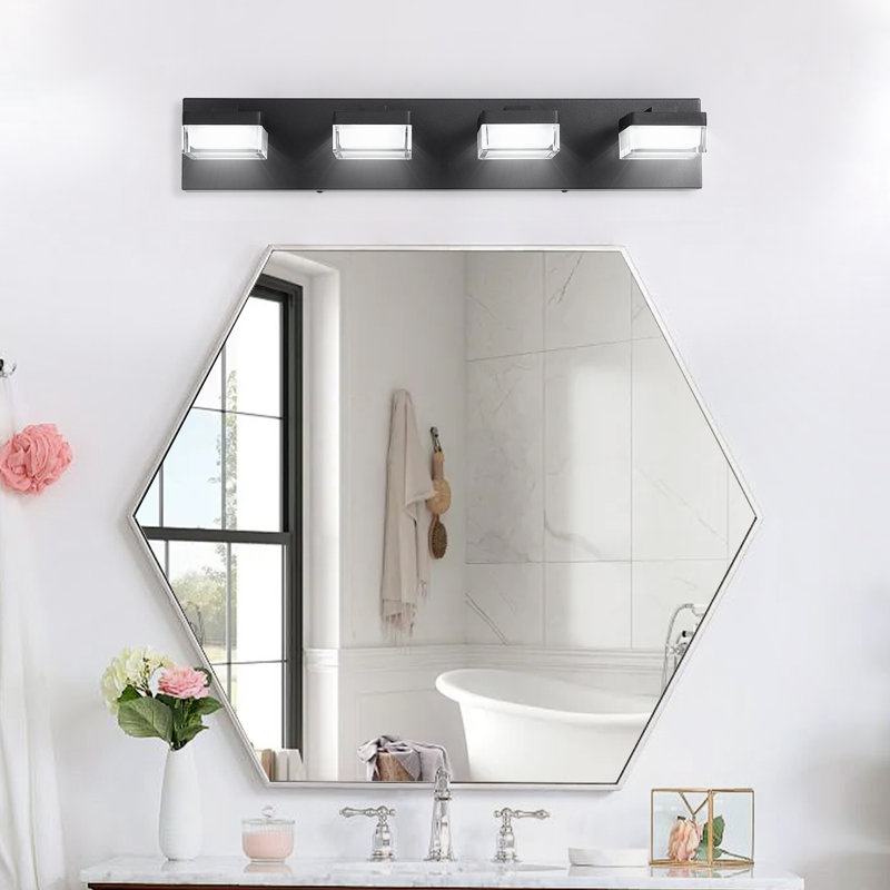 Éclairage de salle de bain à 4 lumières à intensité variable avec abat-jour en acrylique, barre de salle de bain à DEL noire
