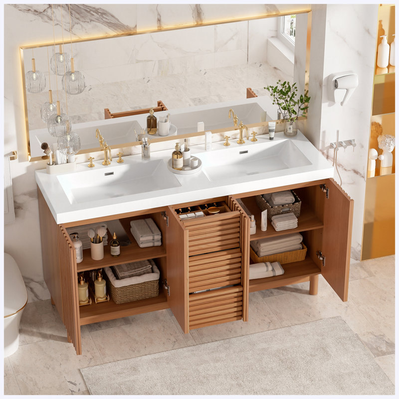 59" Double Sink Bathroom Vanity with SMC Resin Basin, MDF Cabinet with Solid Wood Legs, Soft-Close Hinges & Hidden Drawer System, Modern