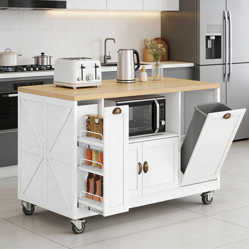 Îlot de cuisine avec rangement et prise de courant, grand chariot roulant avec lumières DEL intégrées, étagère à épices coulissante, armoire à poubelle et rangement pour micro-ondes