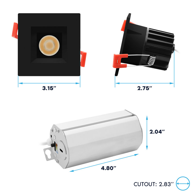 Luxrite 2 po Éclairage à DEL sans lumière régressé avec garniture carrée noire interchangeable, 5CCT, CRI90, 8W, 600LM, faisceau 38 °, à intensité variable, 120V, homologué ETL