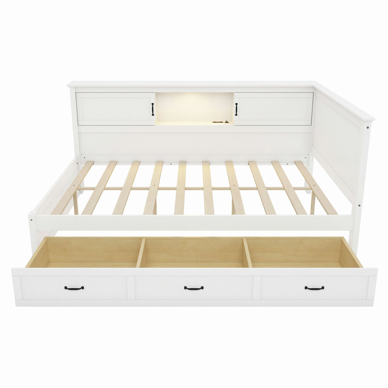 L-Shaped Bed Frame With Drawer And And Bookcase,Corner Bed Wooden Captain Bed With Led Downlight And USB Port For Small Room,Bedroom, Guest Room