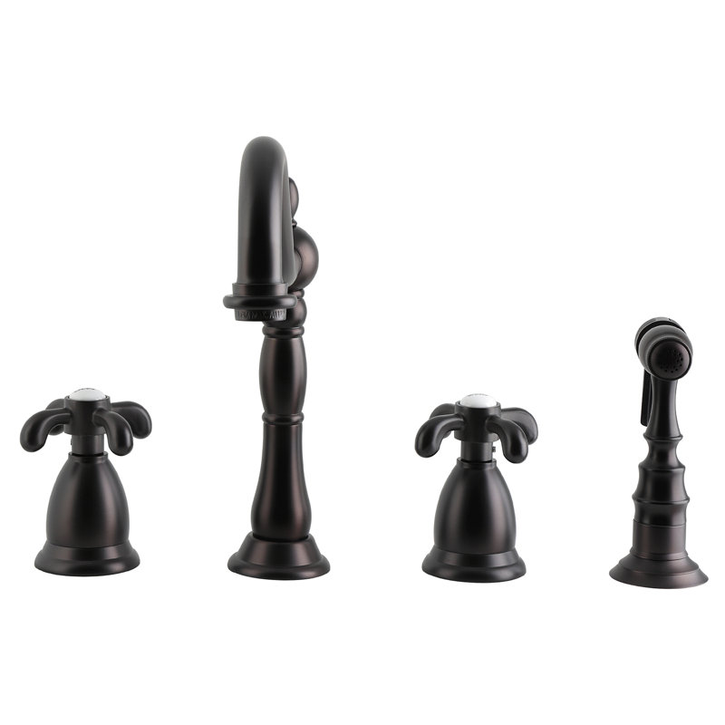 Kingston Brass French Country Double-Handle 4-Hole Widespread Kitchen Faucet with Brass Sprayer, Oil Rubbed Bronze