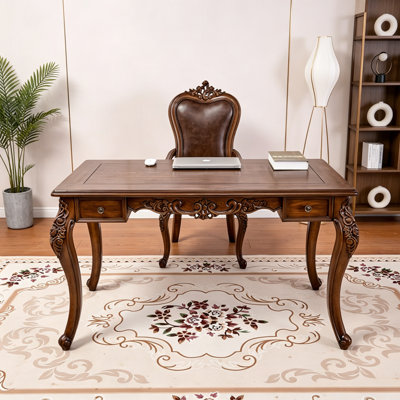 Retro Carved Rectangular Solid Wood Writing Desk