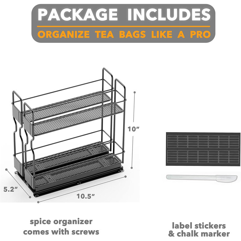 Heavy Duty Black Steel Pull Out Spice Rack Organizer with Labels