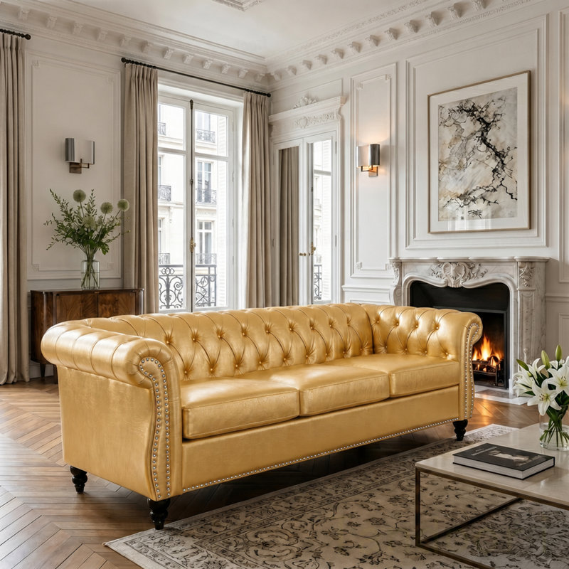 Canapé Chesterfield à accoudoirs roulés 3 places, PU-Yellow