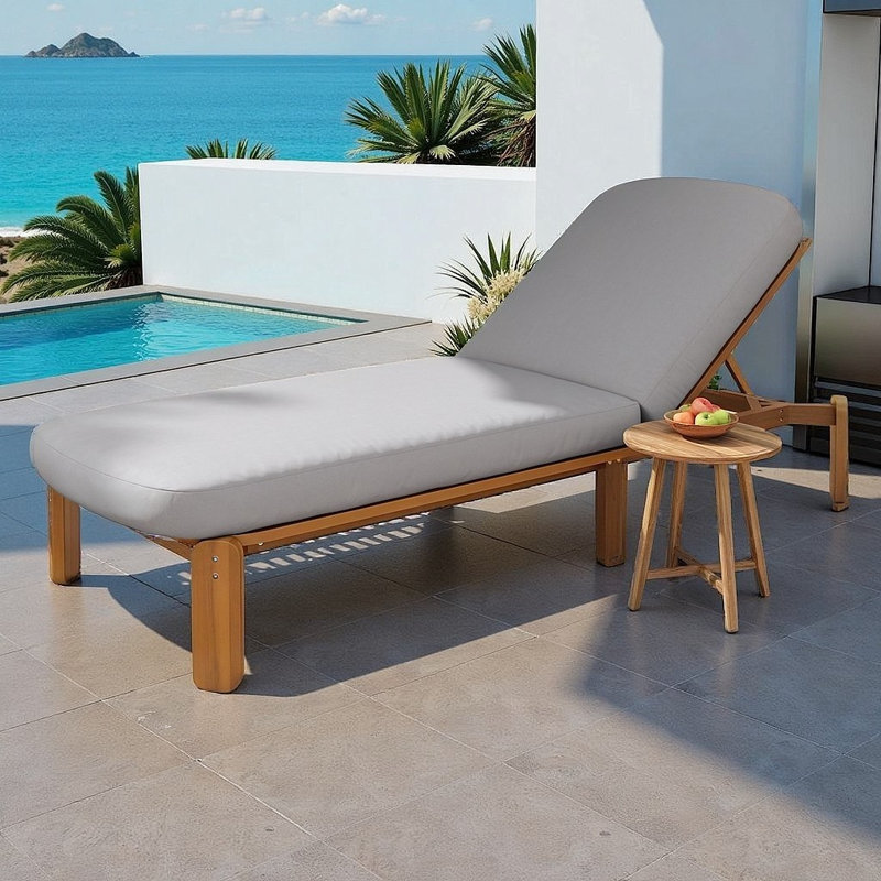 Outdoor Chaise Lounge, Adjustable Acacia Wood Patio Recliner with 3-Position Backrest, Thick Water-Resistant Cushions, 440 lb Capacity for Poolside, Patio, or Beach