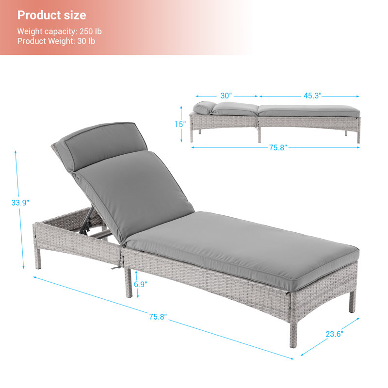 Eban Outdoor Wicker Long Chaise Lounge with Cushion, Gray