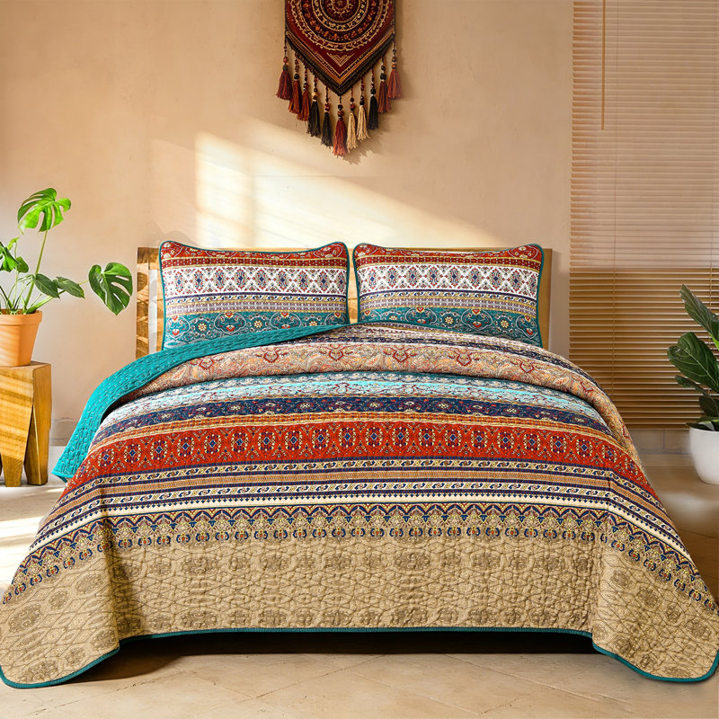 Ensemble de courtepointe réversible 3 pièces Boho, Brun/vert, Courtepointe très grand et 2 très grandes taies 