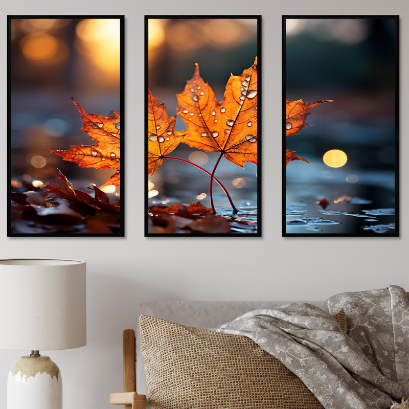 «Orange Autumn Maple Leaves III» - Art mural érable, Cadre flottant noir, H 32 po x l 48 po