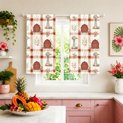 2 pièces de rideaux de moulin à vent de style maison de campagne, motif à carreaux, paysage de campagne, filtrage de la lumière, protection de la vie privée, passe-tringle, pour le salon, la chambre à coucher, la cuisine, la décoration intérieure