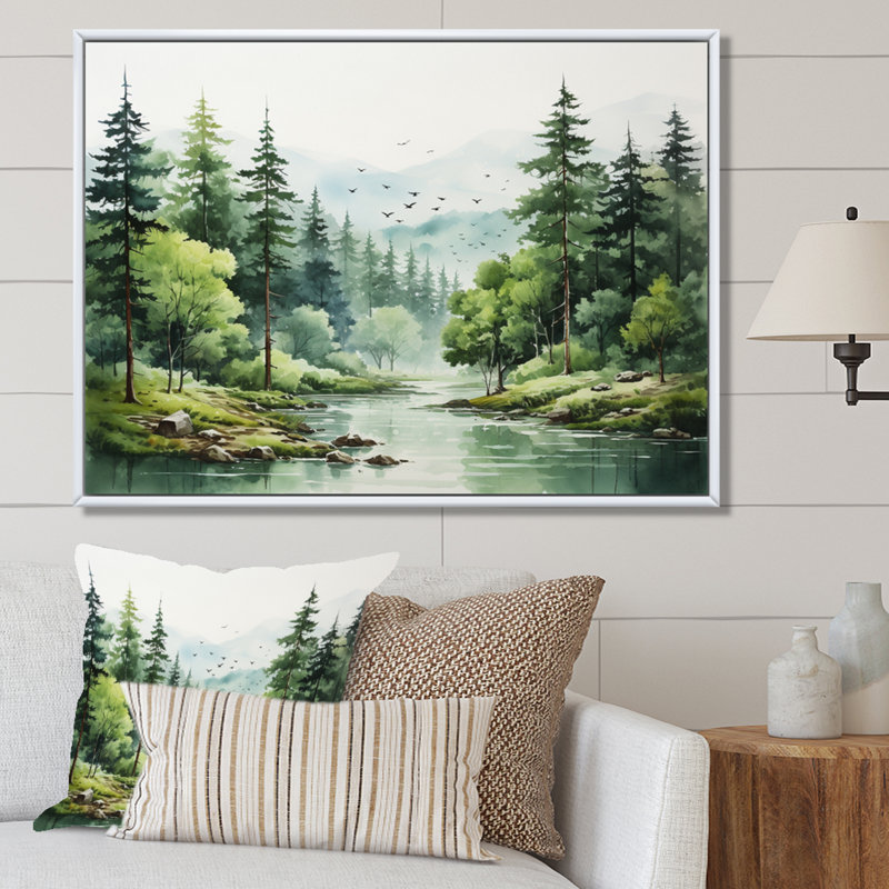 Tranquil Forêts, paysage I, art mural forêt pour le salon, Cadre flottant blanc, H 34 po x l 44 po x P 1,5 po