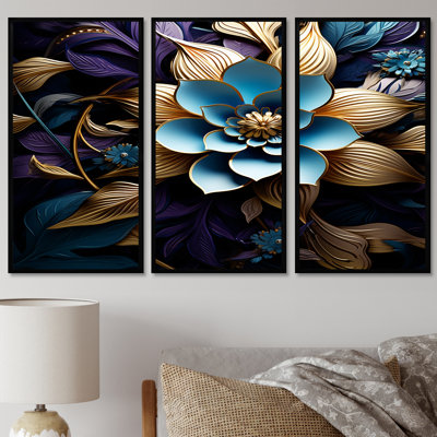 Fleurs de lotus bleues et feuilles dorées - ensemble de salon d'art mural floral moderne