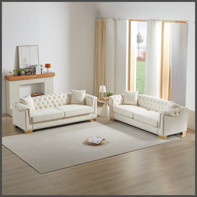3-Seater + 3-Seater Combination Sofa Chesterfield Classic Rolled Arm Velvet Modern Combination Sofa Suitable for Apartment Living Rooms, Family Living Rooms, and Offices.Beige