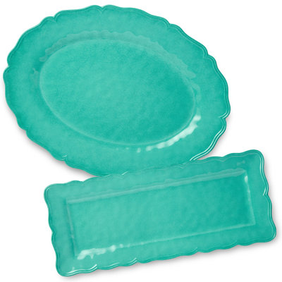 Isabella Teal Melamine 2-Piece Platter Set, Includes 18x13.5-Inch Oval & 19x8-Inch Rectangular Platters, Scalloped Edges, Durable & Dishwasher Safe, Elegant for Serving & Entertaining