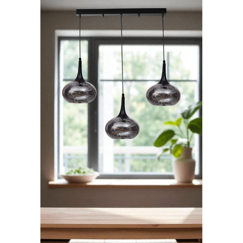 Lustre en métal élégant avec capuchon en verre, hauteur réglable, 7,9 po x 10,2 po | Plaque de base: 21,7 po x 2,4 po x 1,2 po | 3 x douilles E27 (40 W maximum) | Finition grise et noire, idéale pour les salles à manger et les espaces de vie modernes