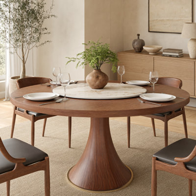 Turntable Round Solid Wood Dining Table With Lazy Susan For 6-8 People