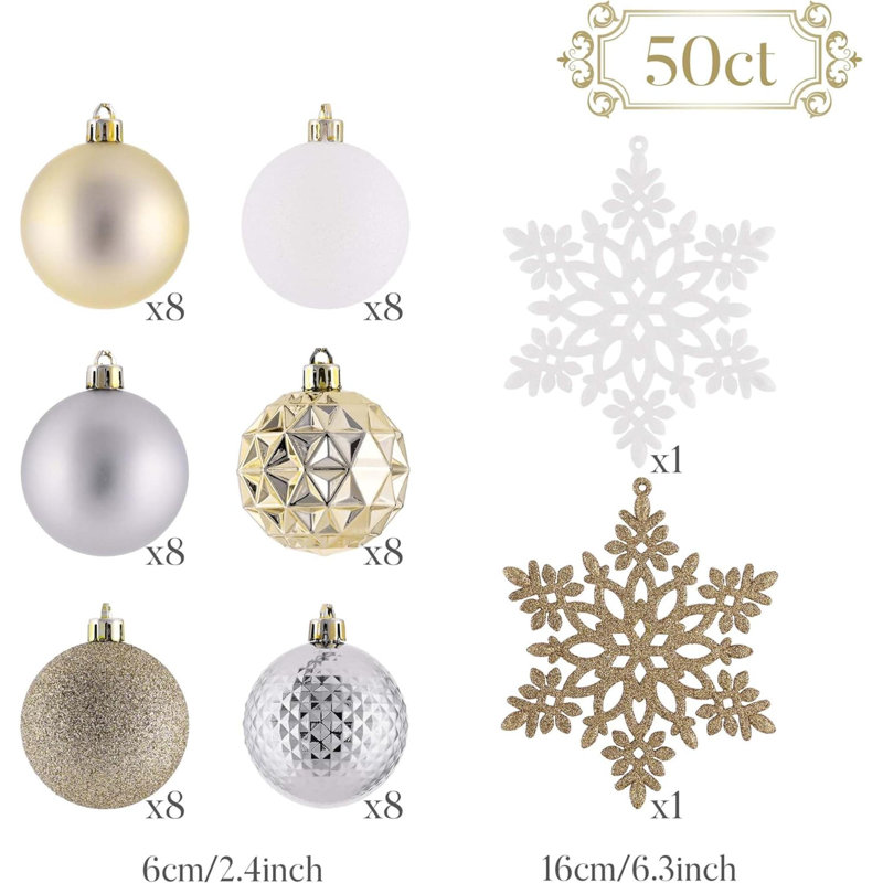 Ensemble d'ornement de décoration de sapin de Noël, 50 carats, 2,36 pouces, Blanc / doré