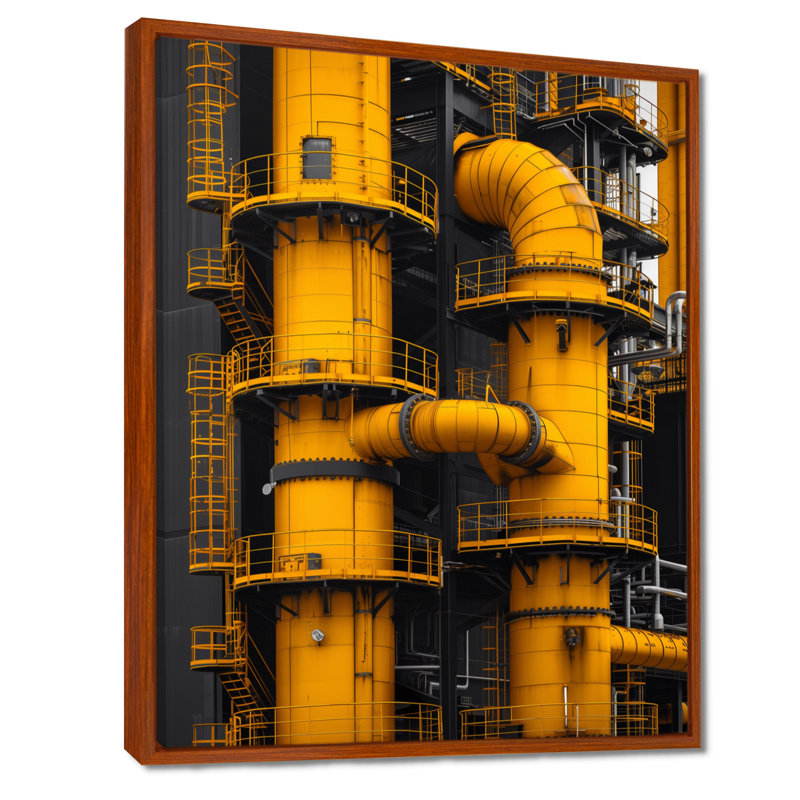 Reproduction d'art mural monochrome jaune gris industriel - usines, Toile avec cadre flottant brun