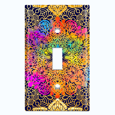 Metal Light Switch Plate Outlet Cover (Mandala Flowers Rainbow Black Pattern   - Single Toggle)